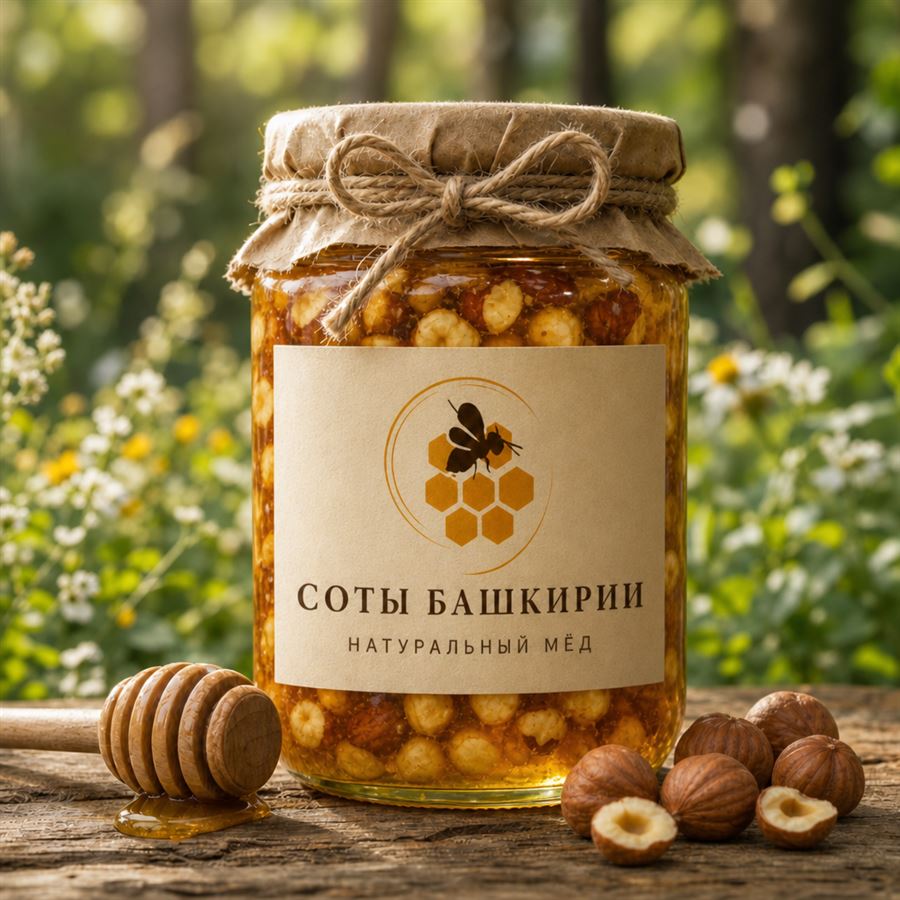 Мёд с орехами — башкирский цветочный мёд с фундуком, кешью и миндалём